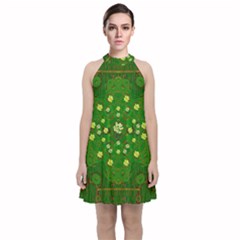 Lotus Bloom In Gold And A Green Peaceful Surrounding Environment Velvet Halter Neckline Dress 