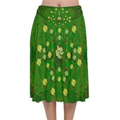 Lotus Bloom In Gold And A Green Peaceful Surrounding Environment Velvet Flared Midi Skirt