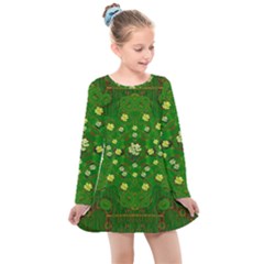 Lotus Bloom In Gold And A Green Peaceful Surrounding Environment Kids  Long Sleeve Dress by pepitasart