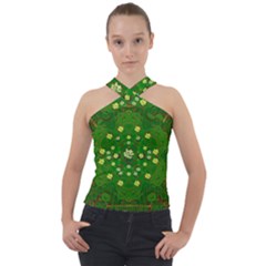 Lotus Bloom In Gold And A Green Peaceful Surrounding Environment Cross Neck Velour Top by pepitasart