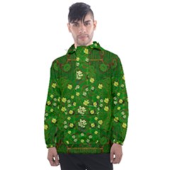 Lotus Bloom In Gold And A Green Peaceful Surrounding Environment Men s Front Pocket Pullover Windbreaker