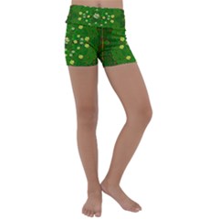 Lotus Bloom In Gold And A Green Peaceful Surrounding Environment Kids  Lightweight Velour Yoga Shorts by pepitasart