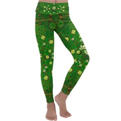 Lotus Bloom In Gold And A Green Peaceful Surrounding Environment Kids  Lightweight Velour Classic Yoga Leggings by pepitasart