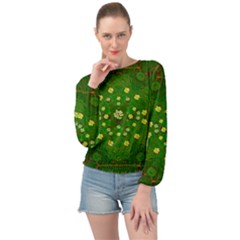 Lotus Bloom In Gold And A Green Peaceful Surrounding Environment Banded Bottom Chiffon Top by pepitasart