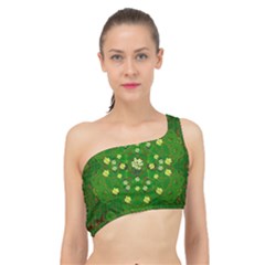 Lotus Bloom In Gold And A Green Peaceful Surrounding Environment Spliced Up Bikini Top  by pepitasart