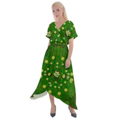 Lotus Bloom In Gold And A Green Peaceful Surrounding Environment Cross Front Sharkbite Hem Maxi Dress by pepitasart