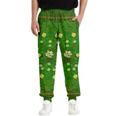 Lotus Bloom In Gold And A Green Peaceful Surrounding Environment Men s Elastic Waist Pants by pepitasart