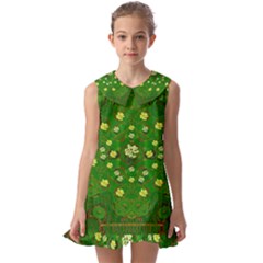 Lotus Bloom In Gold And A Green Peaceful Surrounding Environment Kids  Pilgrim Collar Ruffle Hem Dress