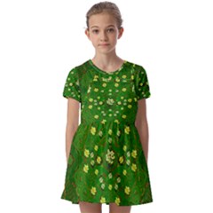 Lotus Bloom In Gold And A Green Peaceful Surrounding Environment Kids  Short Sleeve Pinafore Style Dress