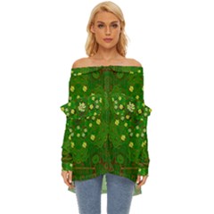 Lotus Bloom In Gold And A Green Peaceful Surrounding Environment Off Shoulder Chiffon Pocket Shirt by pepitasart