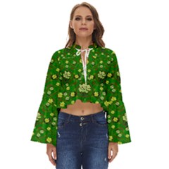 Lotus Bloom In Gold And A Green Peaceful Surrounding Environment Boho Long Bell Sleeve Top