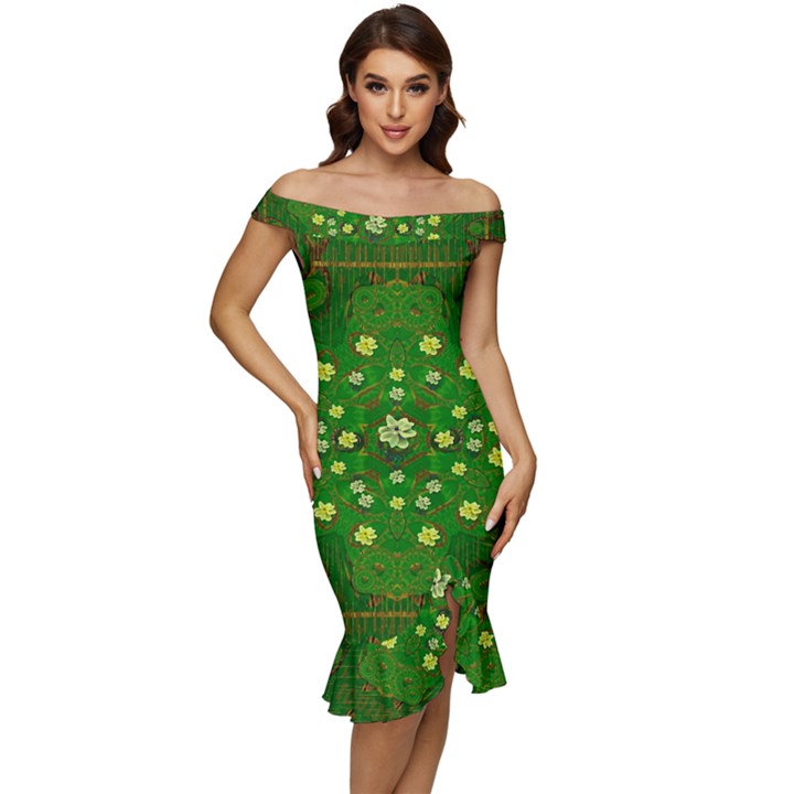 Lotus Bloom In Gold And A Green Peaceful Surrounding Environment Off Shoulder Ruffle Split Hem Bodycon Dress