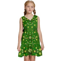 Lotus Bloom In Gold And A Green Peaceful Surrounding Environment Kids  Sleeveless Tiered Mini Dress by pepitasart