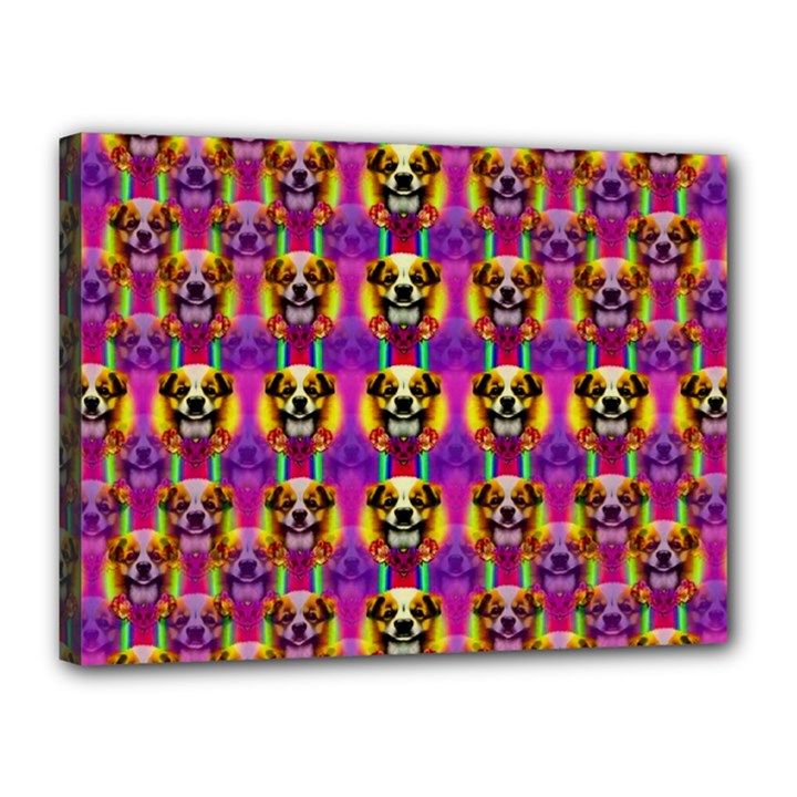 Cute Small Dogs With Colorful Flowers Canvas 16  x 12  (Stretched)