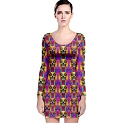 Cute Small Dogs With Colorful Flowers Long Sleeve Velvet Bodycon Dress