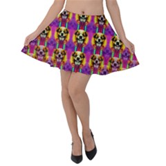 Cute Small Dogs With Colorful Flowers Velvet Skater Skirt