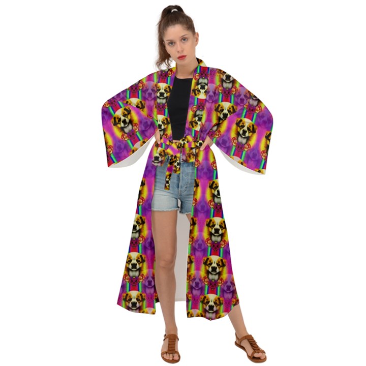 Cute Small Dogs With Colorful Flowers Maxi Kimono