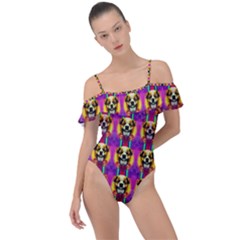 Cute Small Dogs With Colorful Flowers Frill Detail One Piece Swimsuit by pepitasart