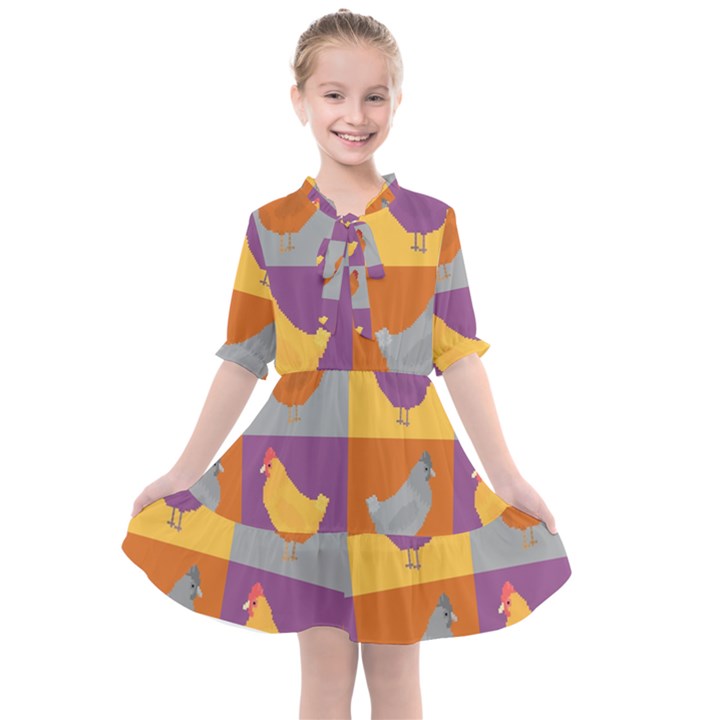 Chickens Pixel Pattern - Version 1a Kids  All Frills Chiffon Dress