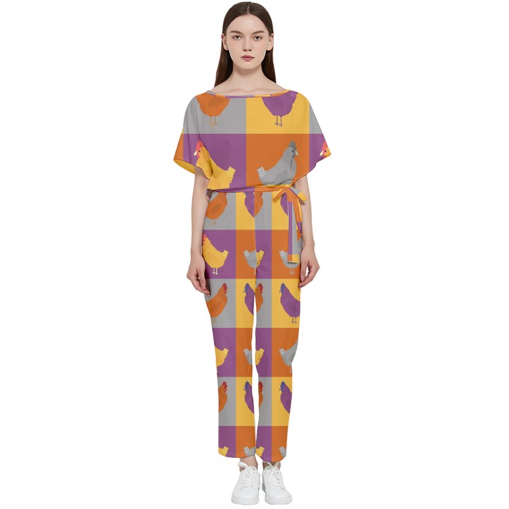 Chickens Pixel Pattern - Version 1a Batwing Lightweight Chiffon Jumpsuit