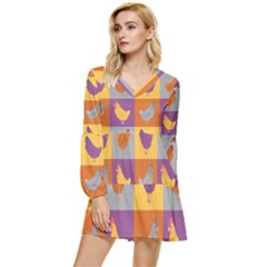 Chickens Pixel Pattern - Version 1a Tiered Long Sleeve Mini Dress by wagnerps