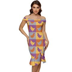 Chickens Pixel Pattern - Version 1a Off Shoulder Ruffle Split Hem Bodycon Dress