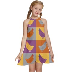 Chickens Pixel Pattern - Version 1a Kids  Halter Collar Waist Tie Chiffon Dress