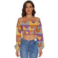 Chickens Pixel Pattern - Version 1a Long Sleeve Crinkled Weave Crop Top