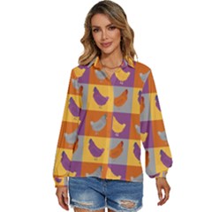 Chickens Pixel Pattern - Version 1a Women s Long Sleeve Button Down Shirt