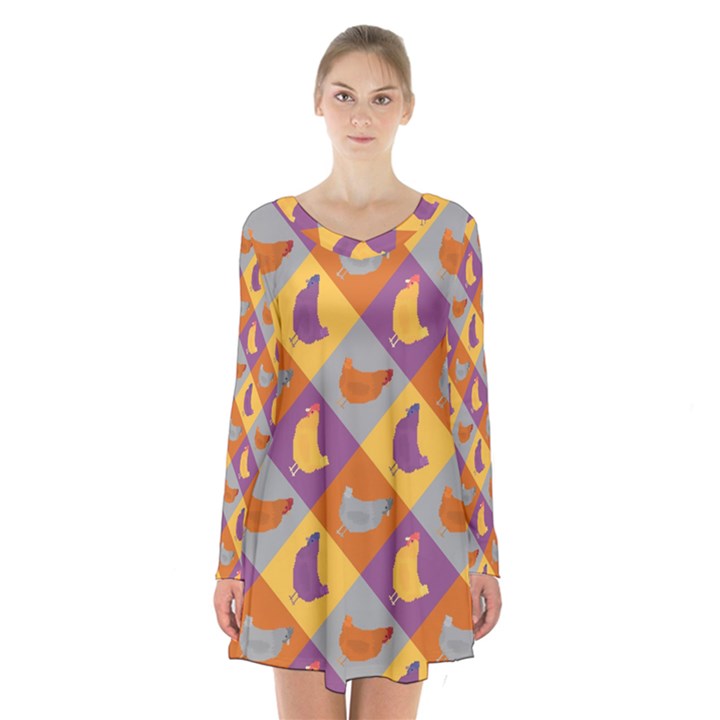 Chickens Pixel Pattern - Version 1b Long Sleeve Velvet V-neck Dress