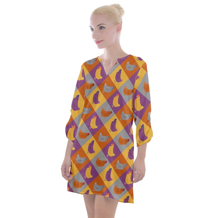 Chickens Pixel Pattern - Version 1b Open Neck Shift Dress