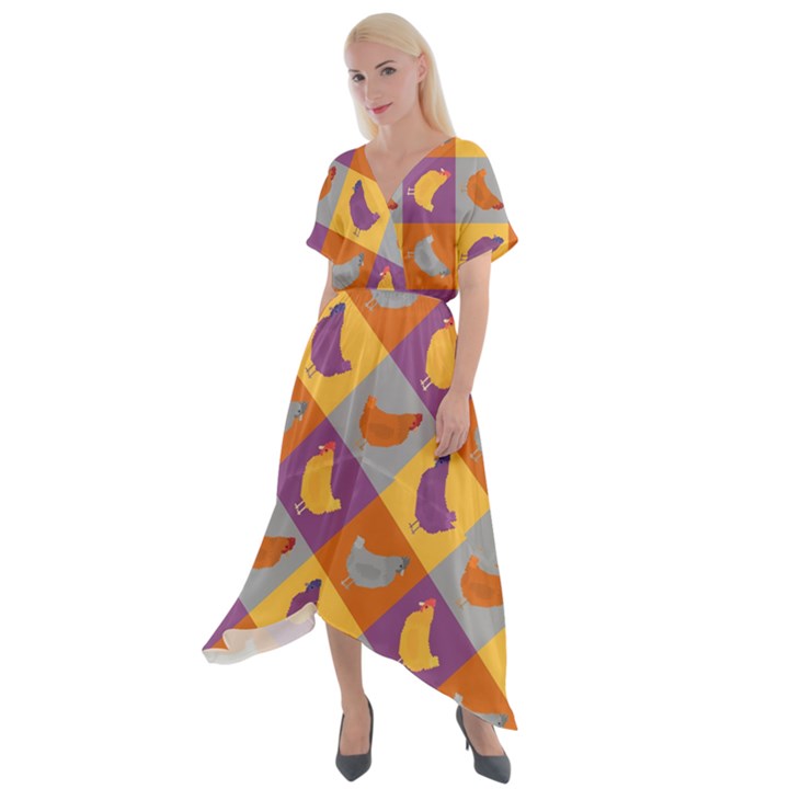 Chickens Pixel Pattern - Version 1b Cross Front Sharkbite Hem Maxi Dress