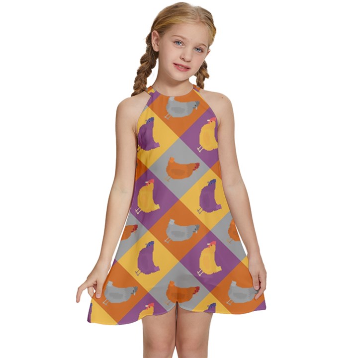 Chickens Pixel Pattern - Version 1b Kids  Halter Collar Waist Tie Chiffon Dress