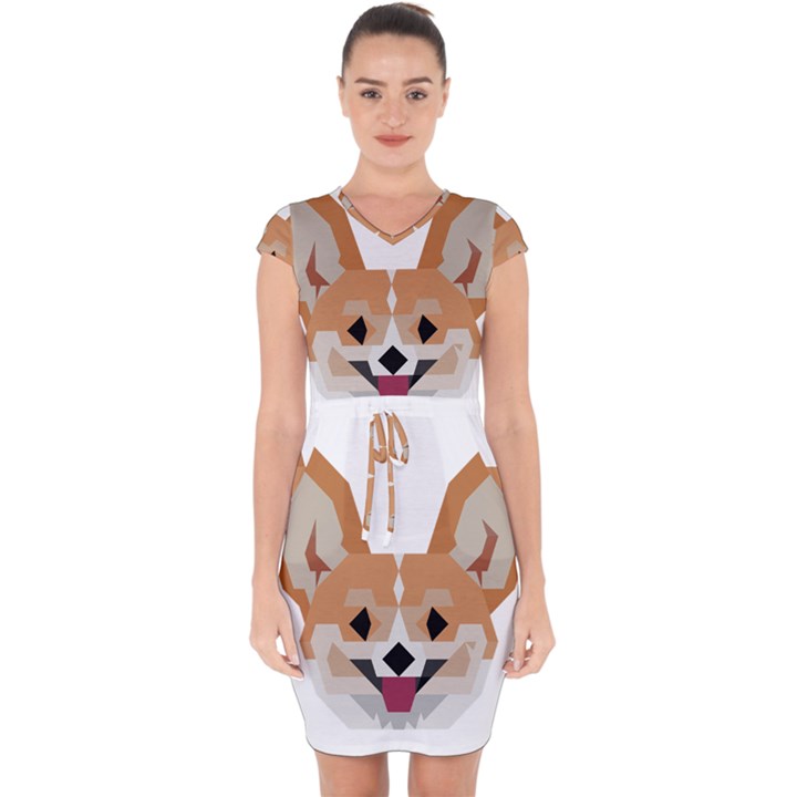 Cardigan Corgi face Capsleeve Drawstring Dress 