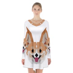 Cardigan Corgi face Long Sleeve Velvet V-neck Dress