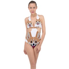 Cardigan Corgi face Halter Front Plunge Swimsuit