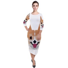 Cardigan Corgi face Quarter Sleeve Midi Velour Bodycon Dress