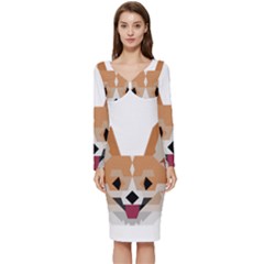 Cardigan Corgi face Long Sleeve V-Neck Bodycon Dress 