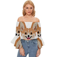 Cardigan Corgi face Off Shoulder Flutter Bell Sleeve Top