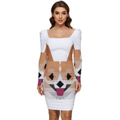 Cardigan Corgi face Women Long Sleeve Ruched Stretch Jersey Dress