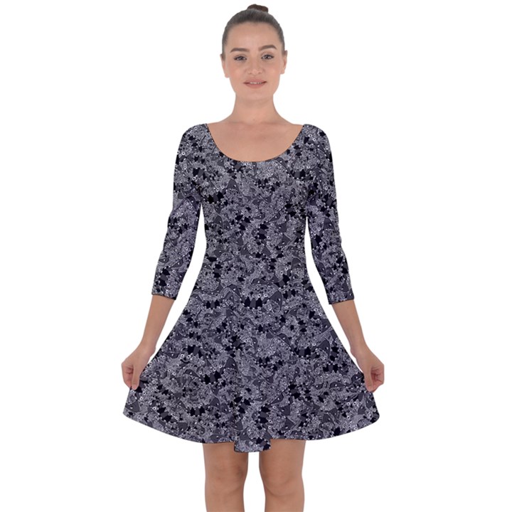 Weird Monster Reptile Drawing Motif Pattern Quarter Sleeve Skater Dress