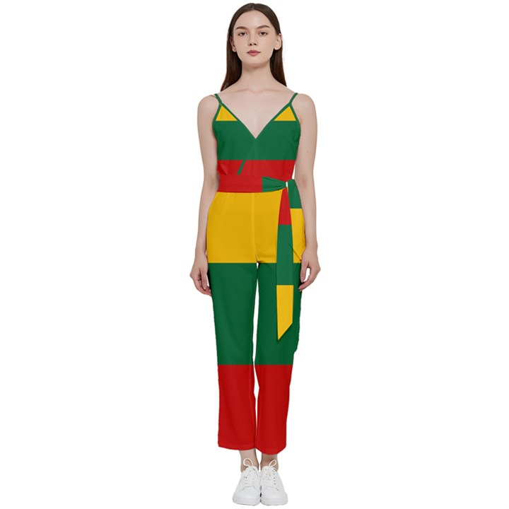 Lithuania V-Neck Spaghetti Strap Tie Front Jumpsuit