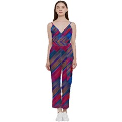 Striped Colorful Abstract Pattern V-neck Spaghetti Strap Tie Front Jumpsuit by dflcprintsclothing