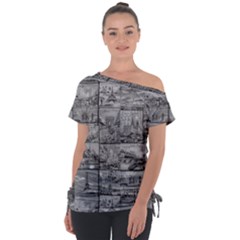 Paris Souvenirs Black And White Pattern Off Shoulder Tie-up Tee