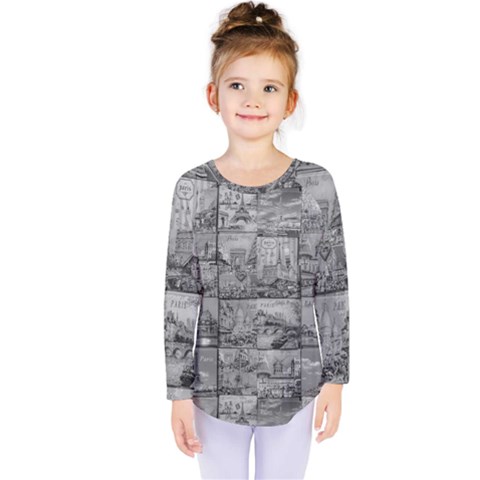 Paris Souvenirs Black And White Pattern Kids  Long Sleeve Tee by dflcprintsclothing