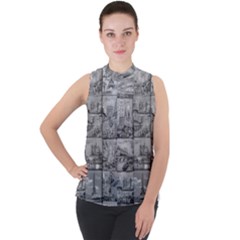 Paris Souvenirs Black And White Pattern Mock Neck Chiffon Sleeveless Top