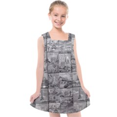 Paris Souvenirs Black And White Pattern Kids  Cross Back Dress by dflcprintsclothing