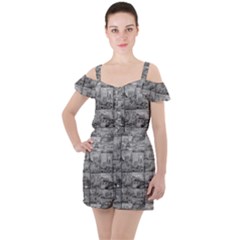 Paris Souvenirs Black And White Pattern Ruffle Cut Out Chiffon Playsuit by dflcprintsclothing