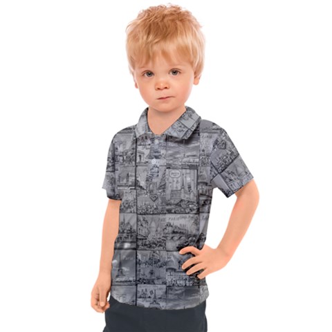 Paris Souvenirs Black And White Pattern Kids  Polo Tee by dflcprintsclothing