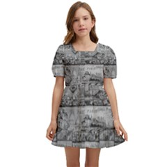 Paris Souvenirs Black And White Pattern Kids  Short Sleeve Dolly Dress by dflcprintsclothing